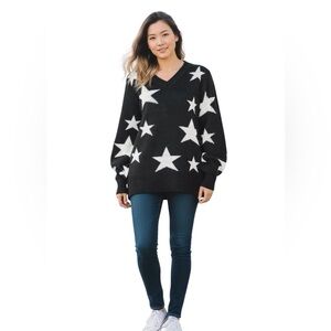 ZENANA STAR V NECK SWEATER WOMEN COLOR BLACK & WHITE SIZE L